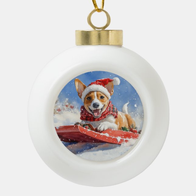 Boule En Céramique Basenji Chien en rebord Laisser neiger Noël (Devant)