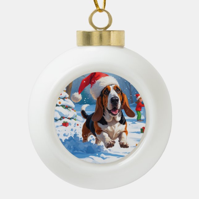 Boule En Céramique Basset Hound Festive de Noël Scène de neige (Devant)
