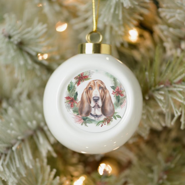 Boule En Céramique Basset Hound Festive Wreath de Noël Pup (Arbre)