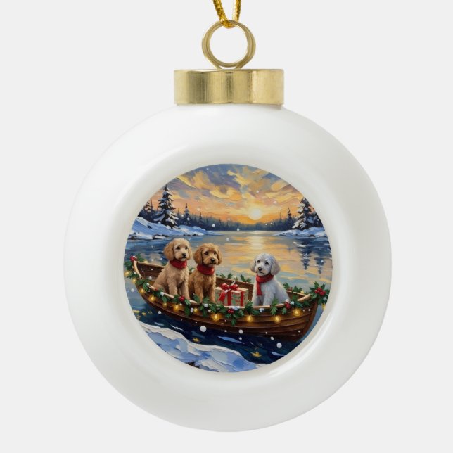 Boule En Céramique Bateau de Noël de Caniche Fêtes (Devant)