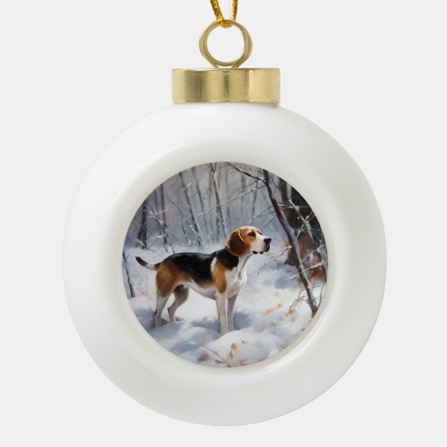 Boule En Céramique Beagle Laisser Neige Noël (Devant)
