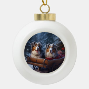 Boule En Céramique Berger Australien enneigé Traîneau Décor de Noël