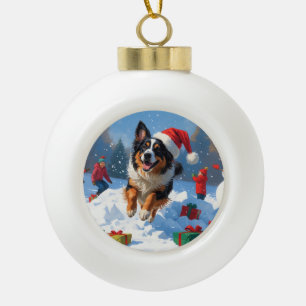 Boule En Céramique Berger belge Scène de neige festive de Noël