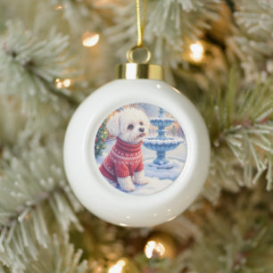 Boule En Céramique Bichon Frise à l'aquarelle Fontaine festive Noël