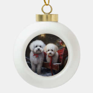 Boule En Céramique Bichon Frisé Traîneau enneigé Décor de Noël