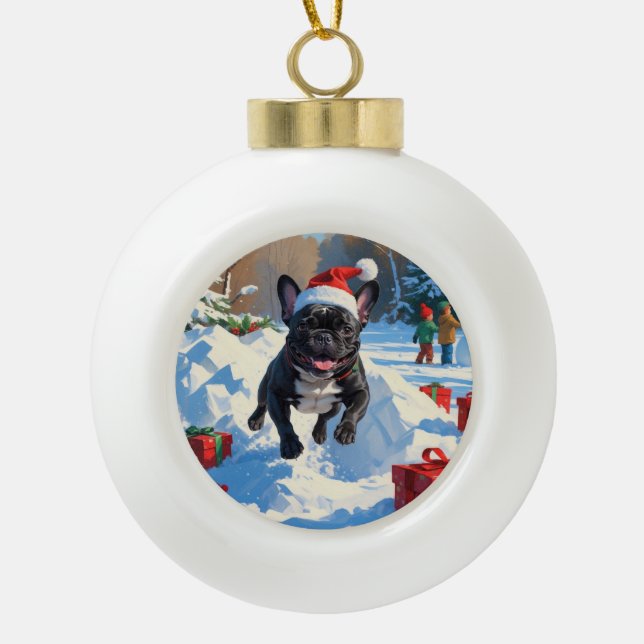 Boule En Céramique Black French Bulldog Festive de Noël Scène de neig (Devant)
