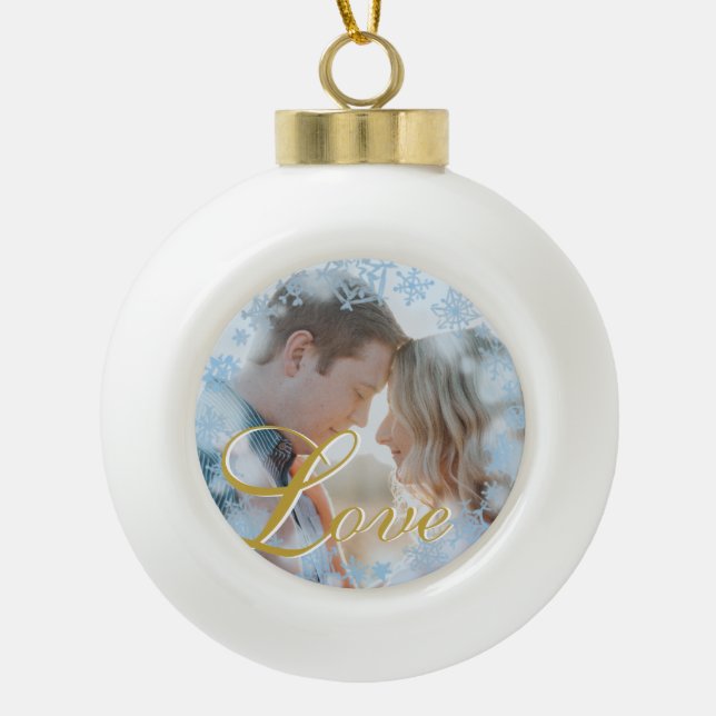 Boule En Céramique Blue Snowflakes Christmas Love Photo personnalisée (Devant)