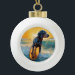 Boule En Céramique Bluetick Coonhound Beach Plage Plage de surf Peint<br><div class="desc">Plongez dans le monde ludique de l'aventure canine avec cette peinture captivante. Un chien en ébullition se rend aux vagues, chevauchant habilement le surf sur une plage baisée par le soleil. L'oeuvre d'art vibrante capte magnifiquement l'essence de l'excitation au bord de la plage tandis que le chien court sans crainte...</div>