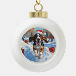 Boule En Céramique Bluetick Coonhound courant dans la neige avec Noël