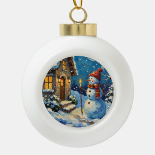 Boule En Céramique Bonhomme de neige vintage près d'un cottage de Noë
