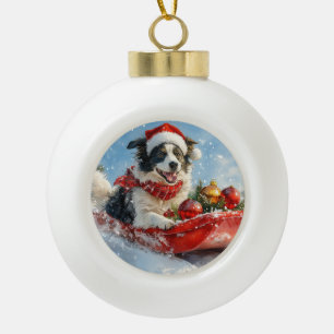 Boule En Céramique Border Collie Chien en Luge Laissez Tomber la Neig
