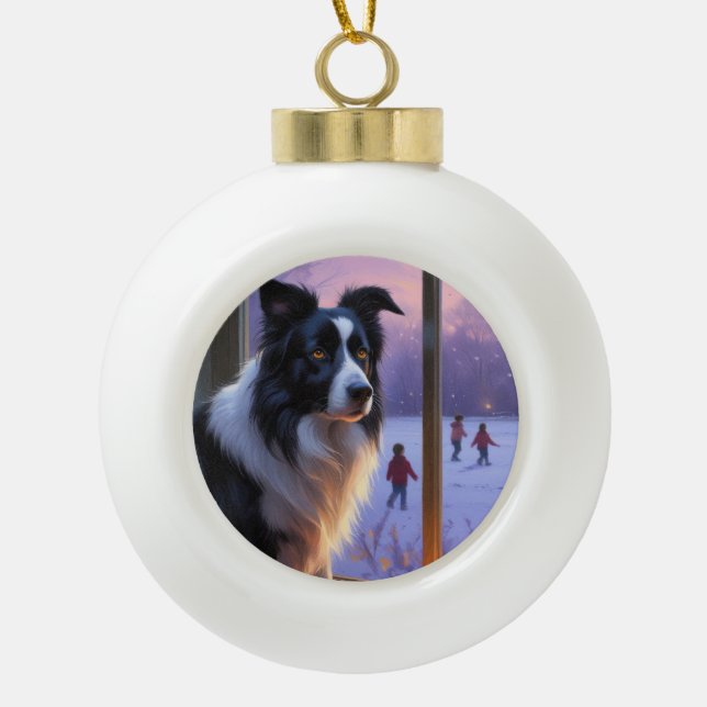 Boule En Céramique Border Collie With Christmas Lights Holiday (Devant)