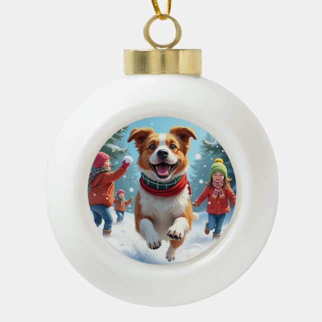 Boule En Céramique Border Terrier Snowball Fight Christmas Painting (Devant)