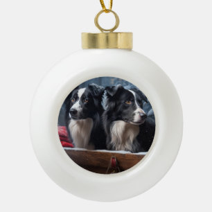 Boule En Céramique Bordure Collie Snowy Sleigh Décor de Noël
