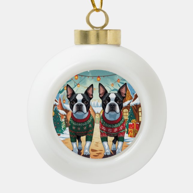 Boule En Céramique Boston Terrier Dogs Christmas Snow Holiday (Devant)