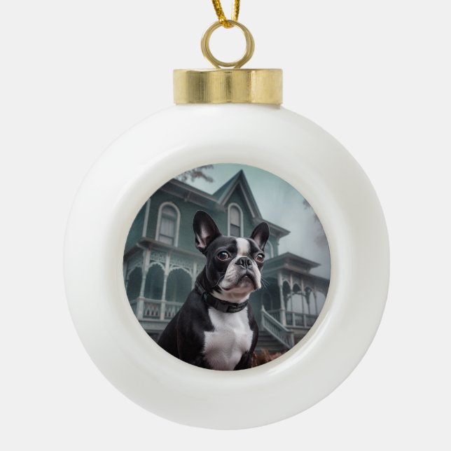 Boule En Céramique Boston Terrier Halloween Épouvantable (Devant)