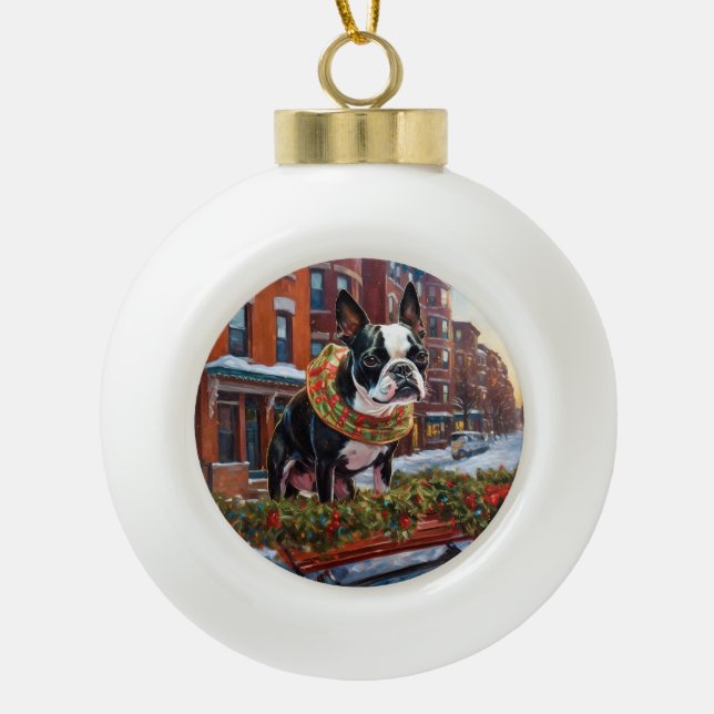 Boule En Céramique Boston Terrier Saison de Noël festive (Devant)