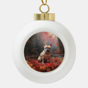 Boule En Céramique Bouledogue français dans les feuilles d'automne qu