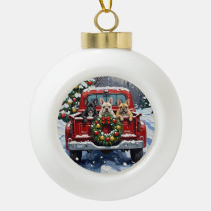 Boule En Céramique Bouledogue Français Noël Camion Rouge Fêtes