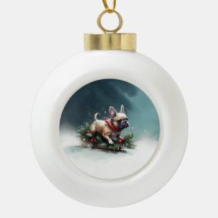 Boule En Céramique Bouledogue français Noël neige hiver