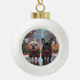 Boule En Céramique Bouledogues Français Noël Neige Fêtes