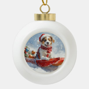 Boule En Céramique Brittany Spaniel Chien en Traîneau Noël