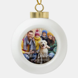 Boule En Céramique Brosse Script Star Famille Photo Joyeux Noël