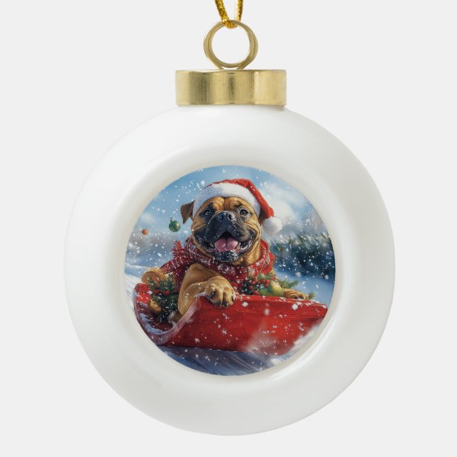 Boule En Céramique Bullmastiff Chien dans la corniche Laissez-le neig (Devant)