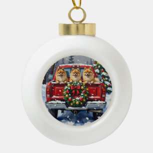 Boule En Céramique Camion Rouge de Noël pour Poméranien Cadeau de Fêt