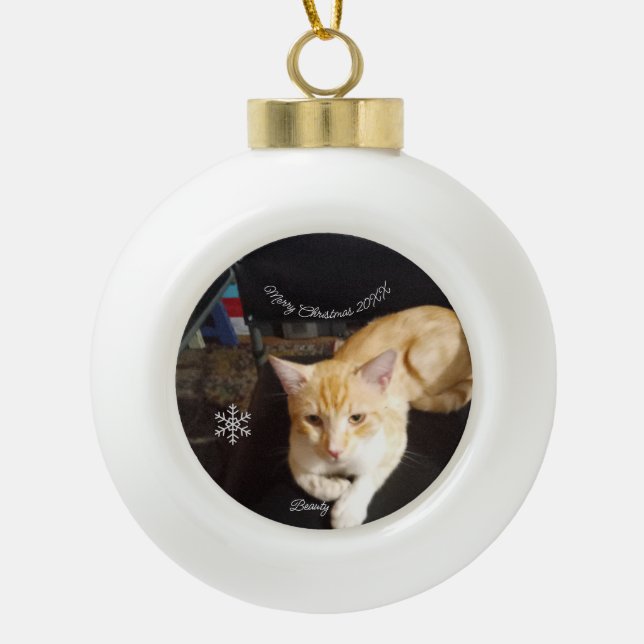 Boule En Céramique Cat Photo Text, Customize, Happy New Year 20XX,  (Devant)