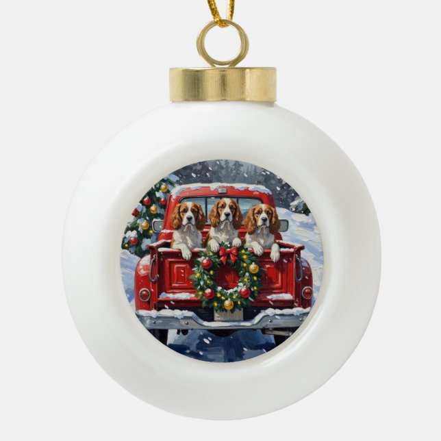 Boule En Céramique Cavalier King Charles Spaniel Christmas Red Truck (Devant)