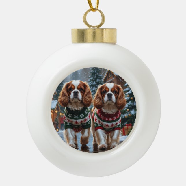 Boule En Céramique Cavalier King Charles Spaniel Dogs Christmas Snow  (Devant)