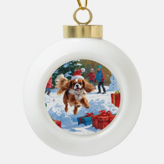 Boule En Céramique Cavalier King Charles Spaniel Neige avec Noël (Devant)