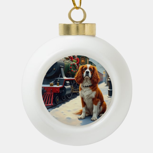 Boule En Céramique Cavalier King Charles Spaniel Train de Noël (Devant)
