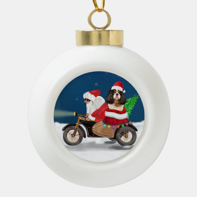 Boule En Céramique Cavalier King Chien Noël Père Noël (Devant)