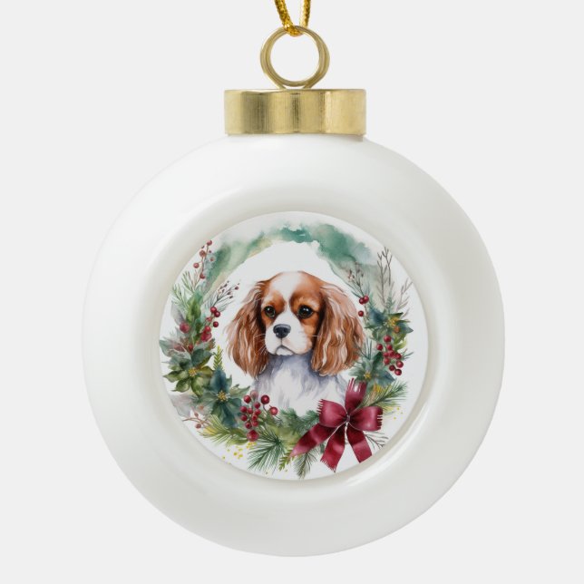 Boule En Céramique Cavalier King Christmas Wreath Festive Pup (Devant)