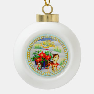 Boule En Céramique Chariot de fleurs et rennes de Noël vintage adorab