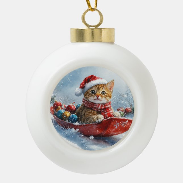 Boule En Céramique Chat abyssinien en sledge laissez-le neiger Noël (Devant)