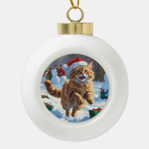 Boule En Céramique Chat Angora Turc courant dans la neige avec un cha