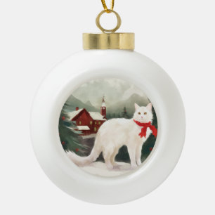 Boule En Céramique Chat Angora turc en Noël de neige