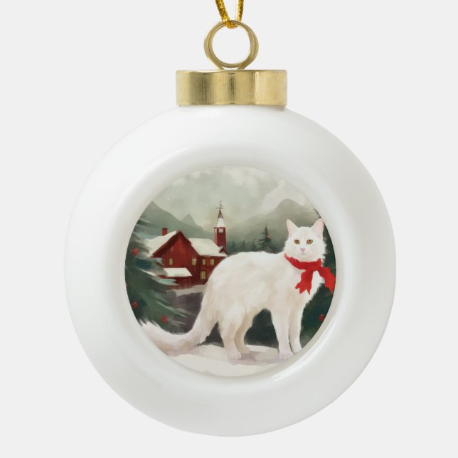Boule En Céramique Chat Angora turc en Noël de neige (Devant)