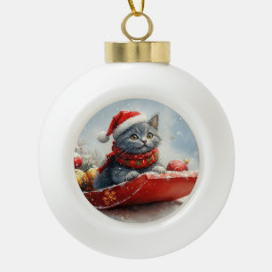 Boule En Céramique Chat bleu russe en sangle laissez-le neiger Noël