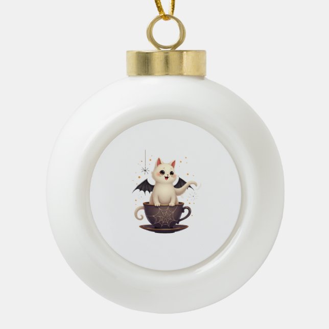 Boule En Céramique Chat dans une tasse à thé hantée (Devant)