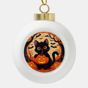 Boule En Céramique Chat de dessin animé et citrouilles sous la pleine