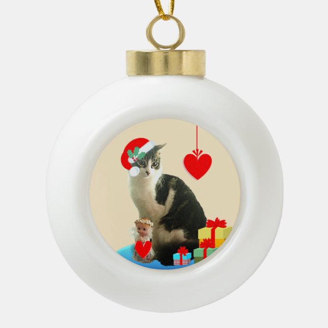 Boule En Céramique Chat de Noël Merlin (Devant)