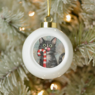 Boule En Céramique Chat fantaisiste avec un Noël au bâton de sucre d'