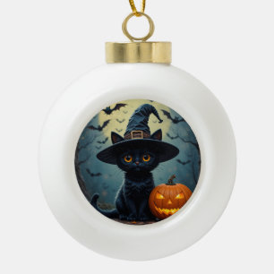 Boule En Céramique Chat noir adorable portant un chapeau de sorcière