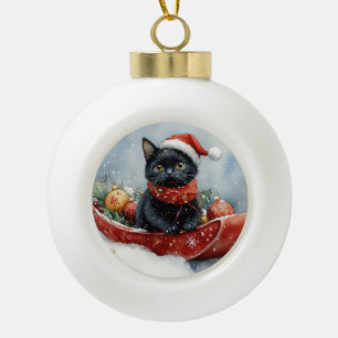 Boule En Céramique Chat noir dans un traîneau Laissez tomber la neige