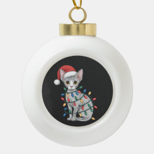 Boule En Céramique Chat Sphynx portant un chapeau de Père Noël et env