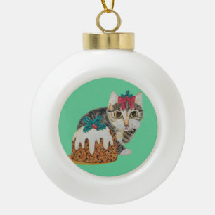 Boule En Céramique chat tigré gris de chaton mignon léchant Noël d